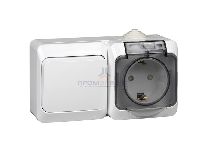 Блок переключатель одноклавишный + розетка с/з Этюд IP44 белый [уп 7шт]
