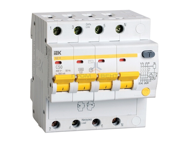 Дифференциальный автомат АД14 4Р 50А 300мА ИЭК